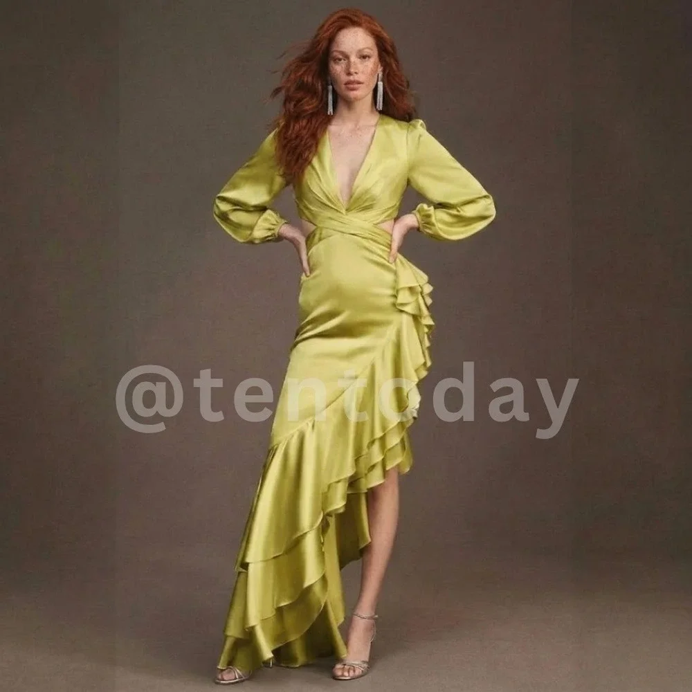 MAC DUGGAL Size 0 Pistachio Green Satin‎ Long Sleeve Maxi Ruffle Dress Gown NWT